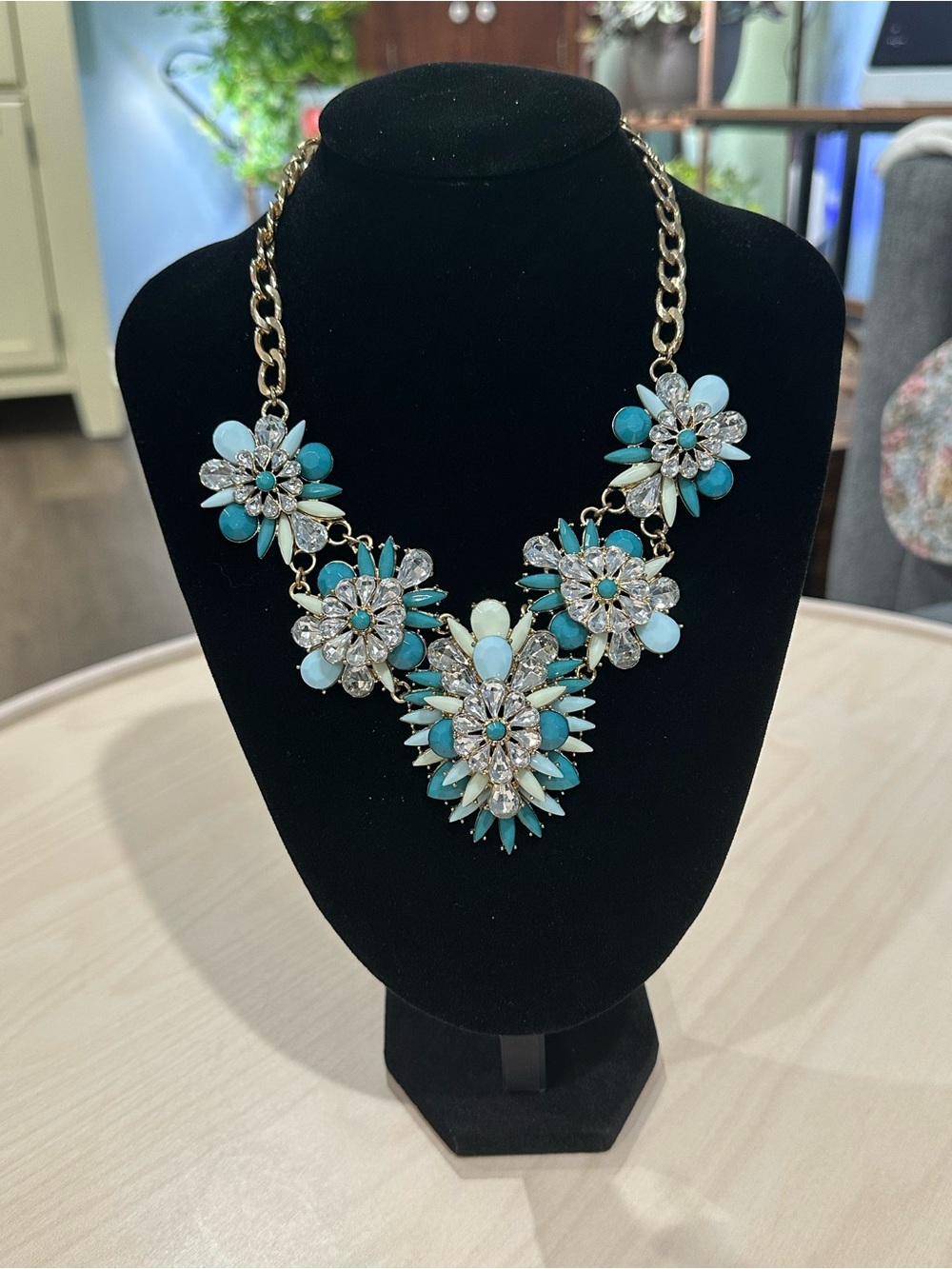 Turquoise Floral Statement Bib Necklace with Gold-Tone Chain